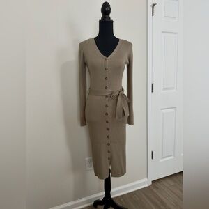 Pink Rose Olive Green Long Sleeve Knit Dress